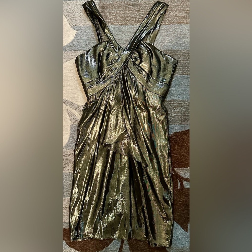 Badgley Mischka Platinum Label Silk+ Bronze Lamé Grecian Bodice Mini Dress